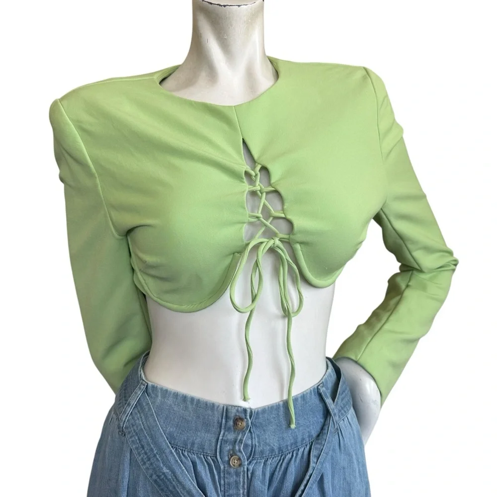 Camilo Coelho Laken Green Lace Up Tailored Underwire Crop Top Long Sleeve Small